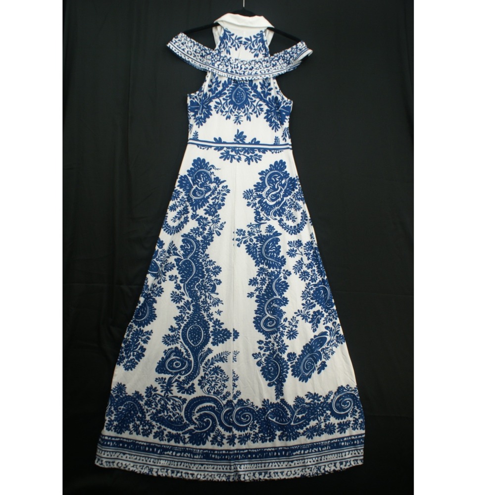 Blue White Paisley Floral Cold Shoulder Maxi Dress Collar A-Line Medium